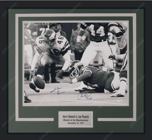 Herm Edwards & Joe Pisarcik Dual Autographed "Miracle at the Meadowlands" Framed 16x20 Photo
